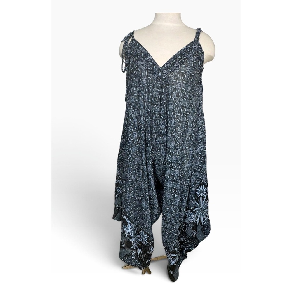Free People Blue Floral Harem Jumpsuit Wide Leg Handkerchief Boho Romper